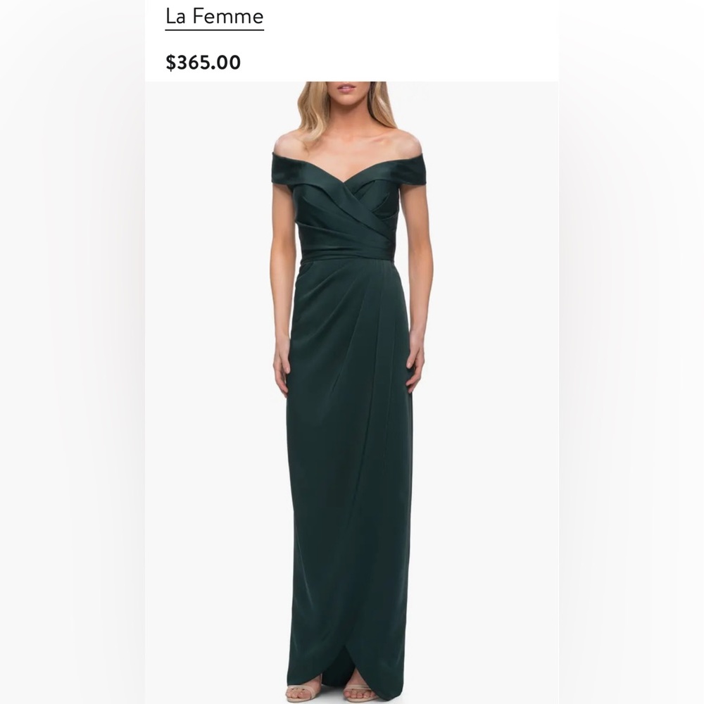 La Femme Surplice Off The Shoulder Column Gown Emerald Green